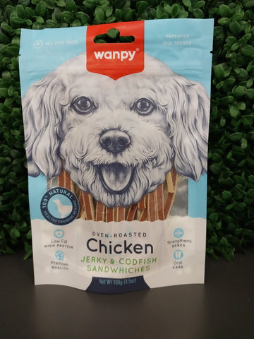 WANPY DOG CHICKEN JERKY AND CODFISH SANDWICHES 100GM